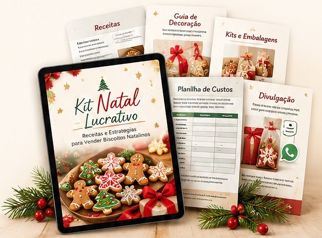 Tablet com a capa do Kit Natal Lucrativo e páginas de receitas, decoração, embalagens, planilha de custos e divulgação